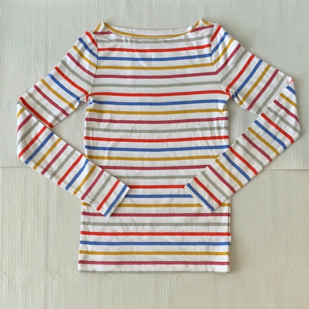 Striped long sleeved shirt with boat cut neck line